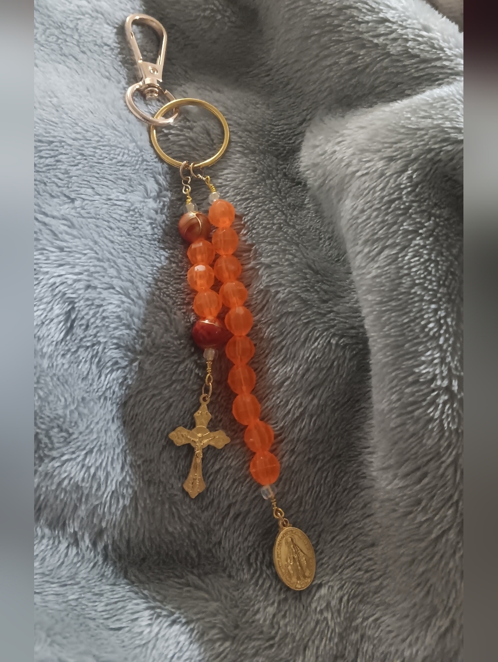 Gold-Tone Orange Beaded Rosary Keychain with Cross and Medal
